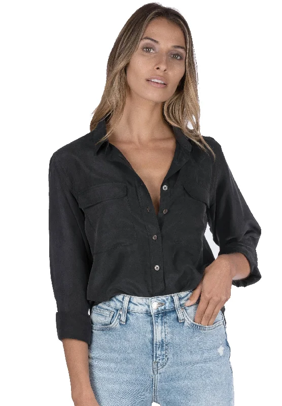 Lete-Silk Black Relaxed Sand Washed Silk Shirt