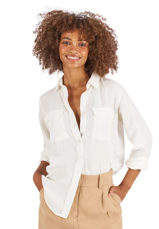 Lete-Silk White Relaxed Sand Washed Silk Shirt with pockets