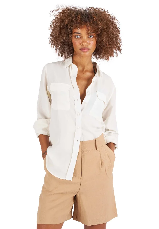 Lete-Silk White Relaxed Sand Washed Silk Shirt with pockets