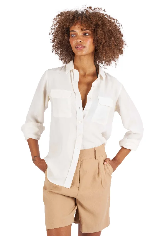 Lete-Silk White Relaxed Sand Washed Silk Shirt with pockets