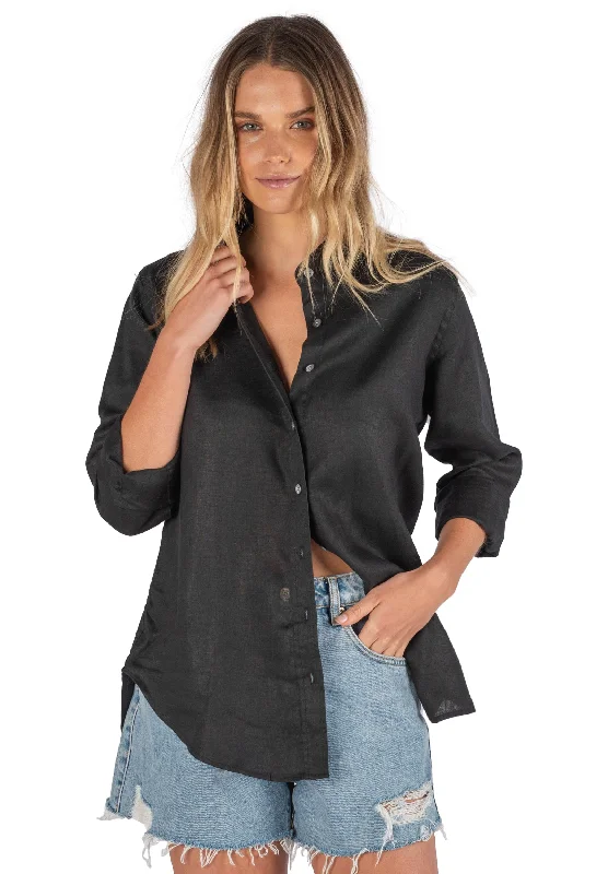 Lotus Black Relaxed Linen Shirt with Mandarin Collar