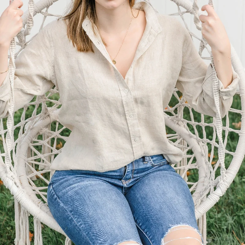 Lotus Sand Relaxed Linen Shirt with Mandarin Collar