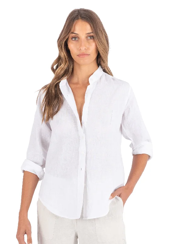 Lotus White Relaxed Linen Shirt with Mandarin Collar