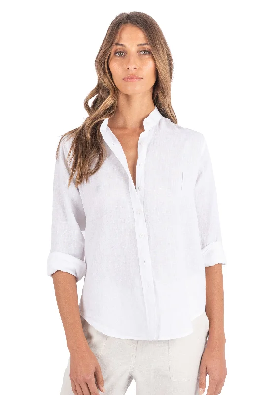 Lotus White Relaxed Linen Shirt with Mandarin Collar