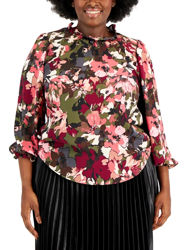 Plus Womens Ruffle Neck Floral Print Blouse