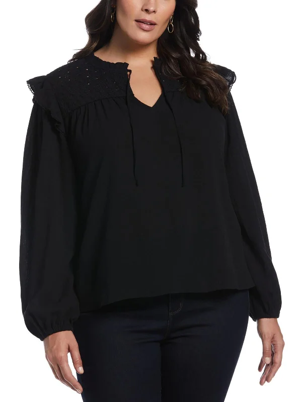 Plus Womens Ruffled Eyelet Yoke Blouse