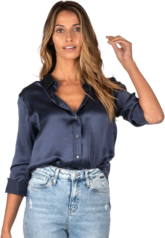 Satin-Silk Avio Blue Relaxed Fit Charmeuse Silk Shirt