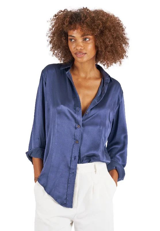 Satin-Silk Avio Blue Relaxed Fit Charmeuse Silk Shirt