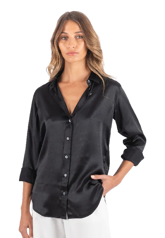 Satin-Silk Black Relaxed Fit Charmeuse Silk Shirt