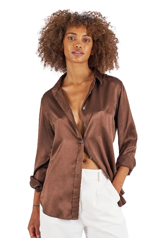 Satin-Silk Coffee Relaxed Fit Charmeuse Silk Shirt