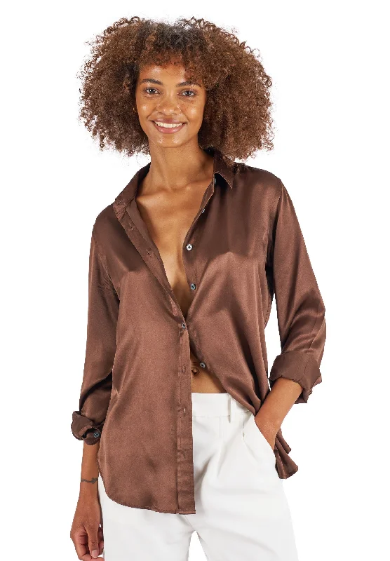 Satin-Silk Coffee Relaxed Fit Charmeuse Silk Shirt