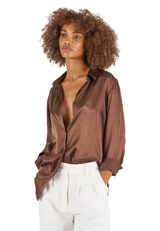 Satin-Silk Coffee Relaxed Fit Charmeuse Silk Shirt