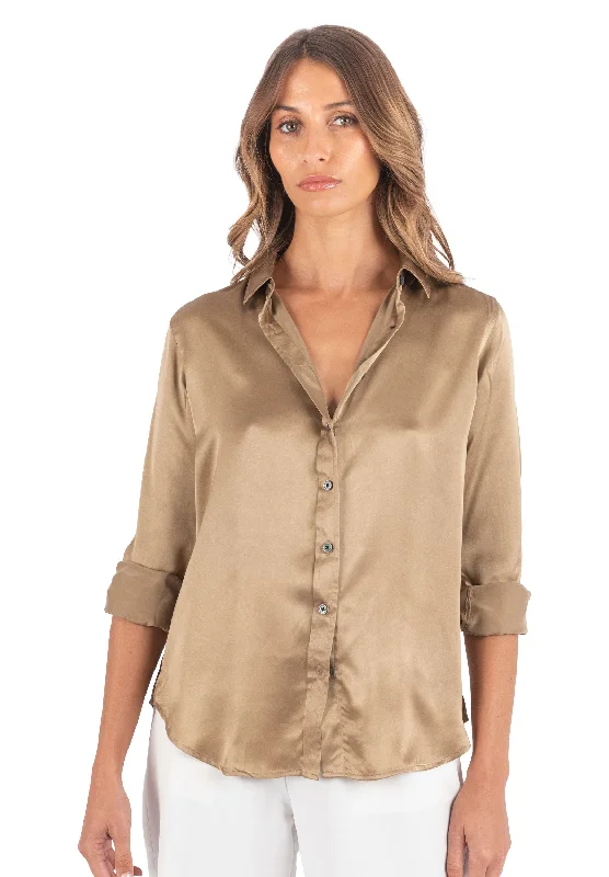 Satin-Silk Dark Gold Relaxed Fit Charmeuse Silk Shirt