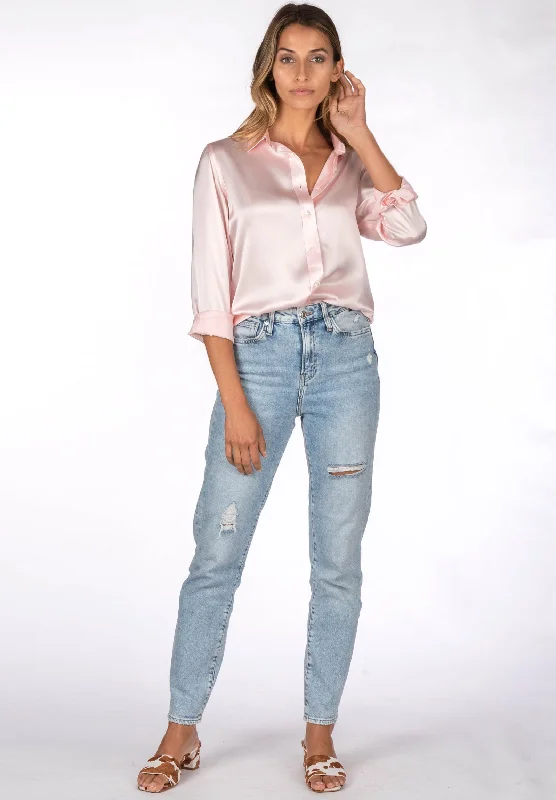 Satin-Silk Pale Pink Relaxed Fit Charmeuse Silk Shirt