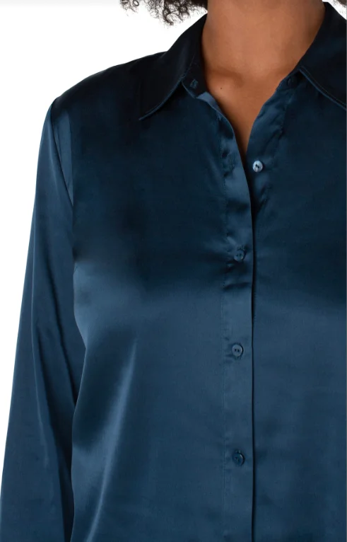 Sheri Deep Blue Button Front Long Sleeve Blouse