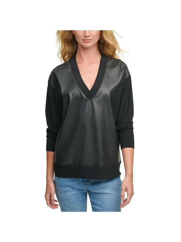 Womens Faux Leather Stretch Blouse