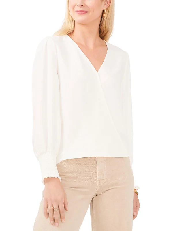 Womens Overlap Hem V-Neck Blouse