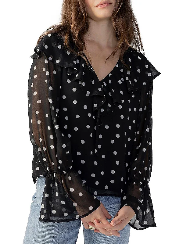 Womens Polka Dot Ruffle Neck Blouse