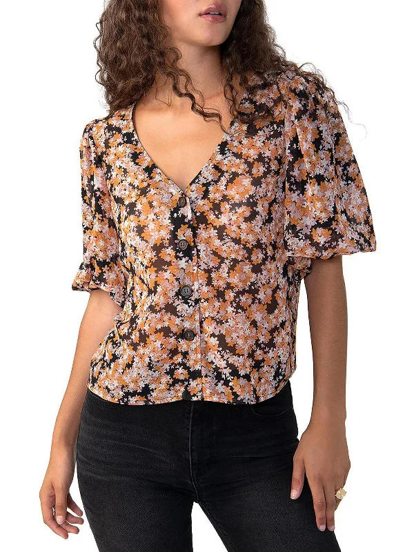 Womens Sheer Puff Sleeve Blouse