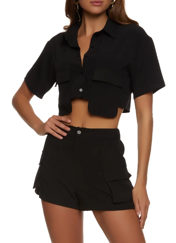 Crepe Knit Cargo Pocket Cropped Shirt