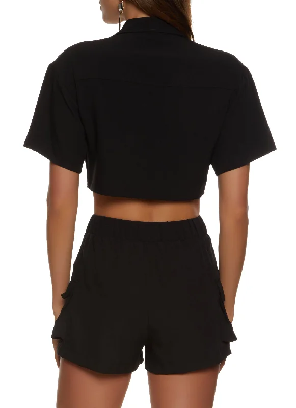 Crepe Knit Cargo Pocket Cropped Shirt