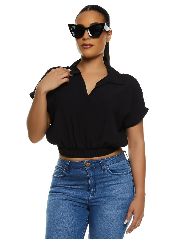 Gauze Knit Elastic Waist Short Sleeve Cropped Shirt