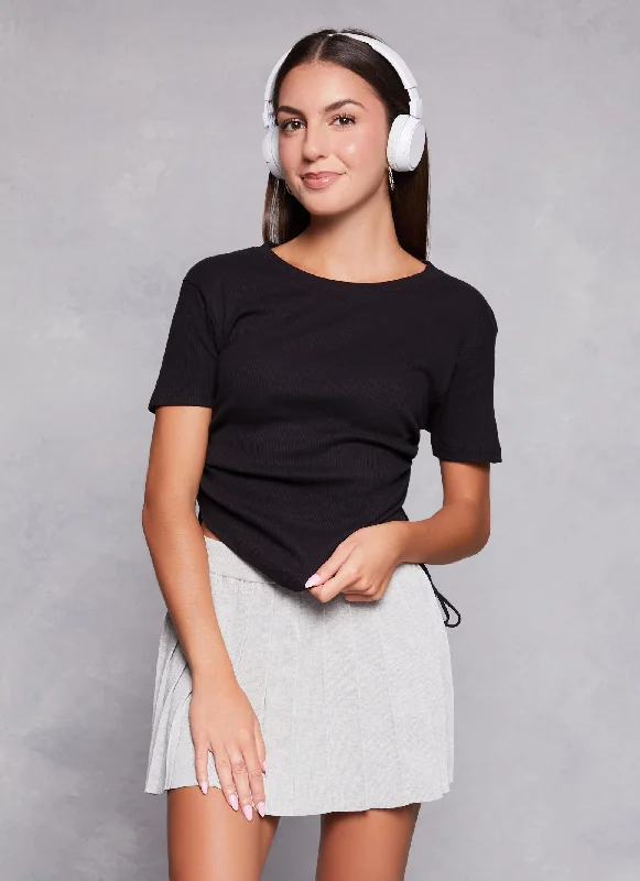 Ribbed Knit Ruched Hanky Hem Tee