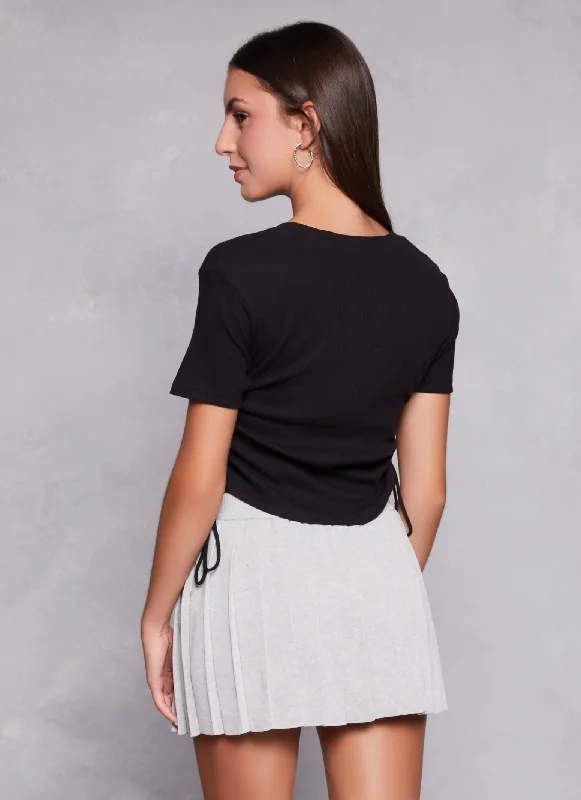 Ribbed Knit Ruched Hanky Hem Tee