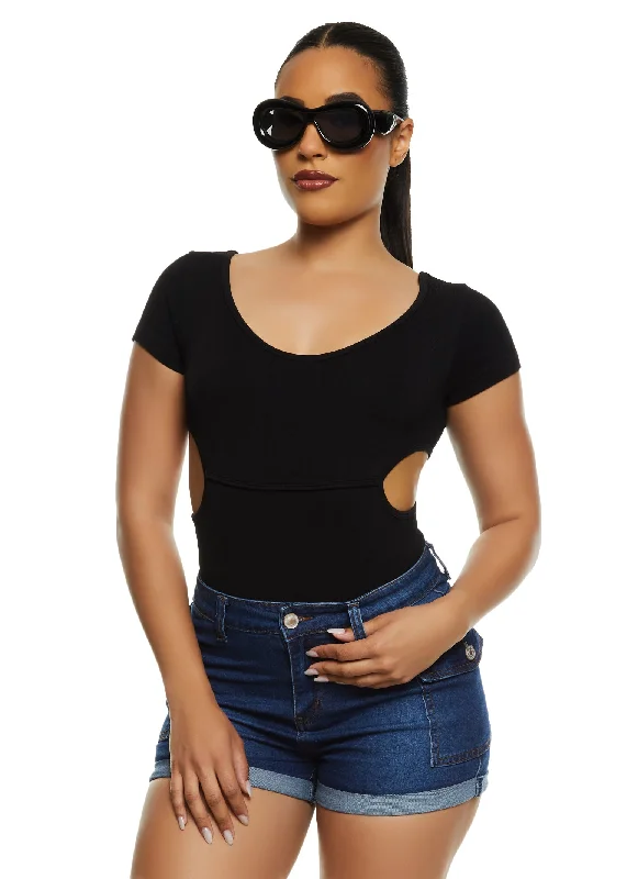 Ribbed Knit Short Sleeve Side Cut Out Bodysuit