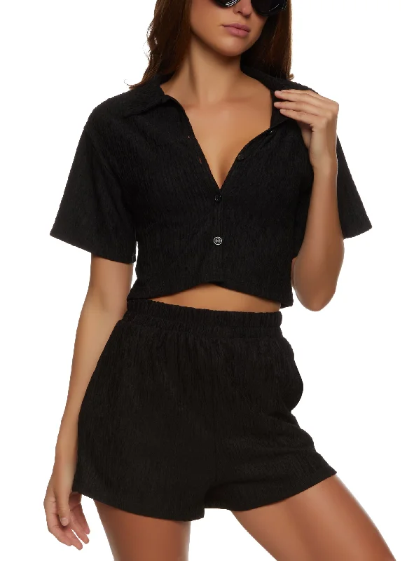 Textured Knit Cropped Button Front Shirt