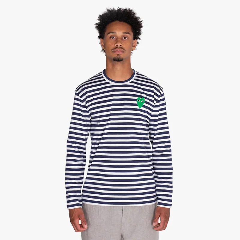 COMME des GARÇONS PLAY Green Heart Striped Long Sleeve T-Shirt Navy / White