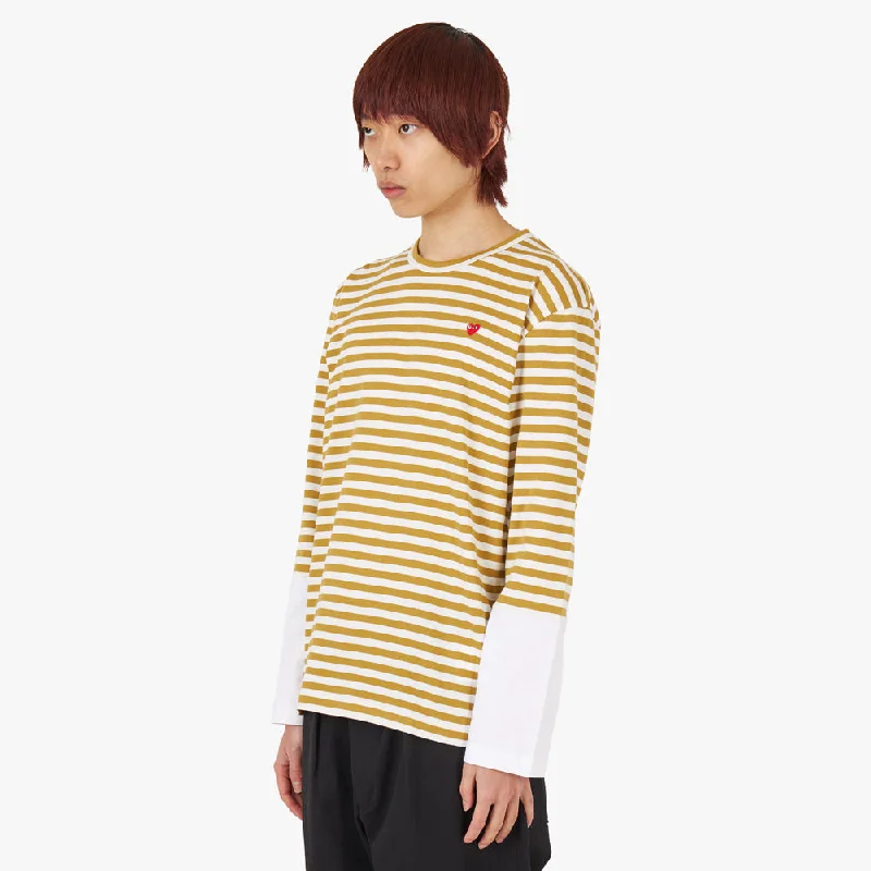 COMME des GARÇONS PLAY Red Heart Striped Long Sleeve T-shirt Olive / White