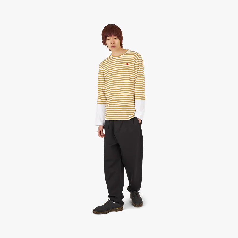 COMME des GARÇONS PLAY Red Heart Striped Long Sleeve T-shirt Olive / White