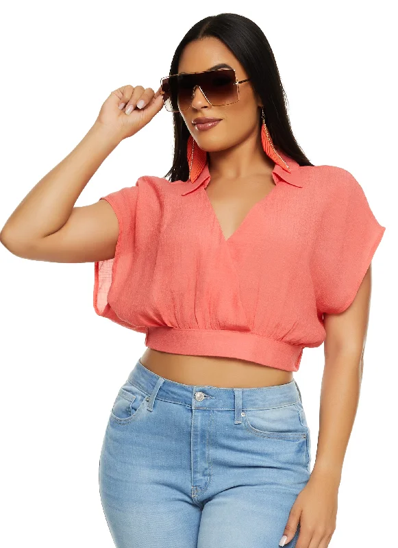 Guaze Knit Cropped Faux Wrap Top