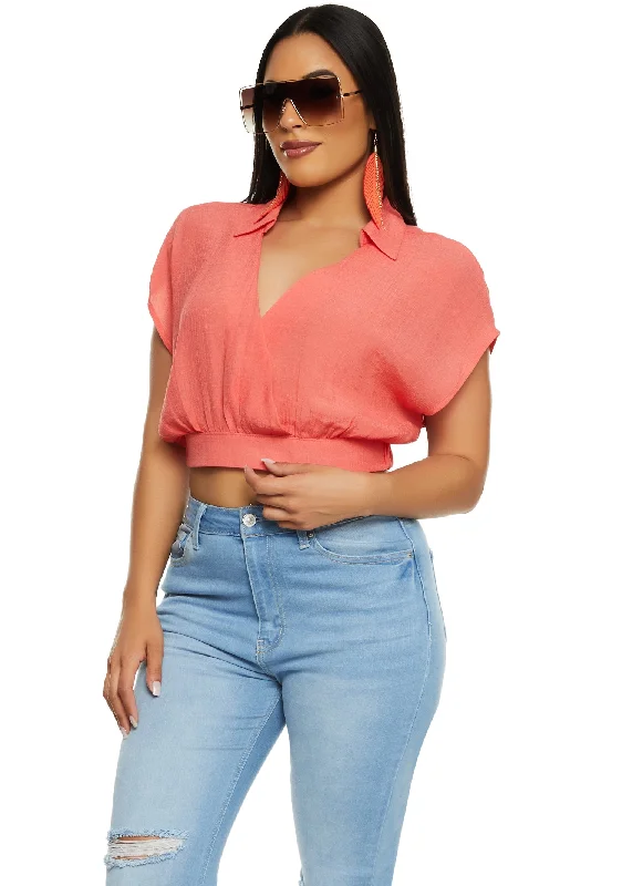 Guaze Knit Cropped Faux Wrap Top