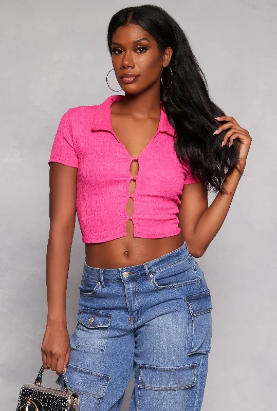 Textured Knit Plunge Button Front Crop Top