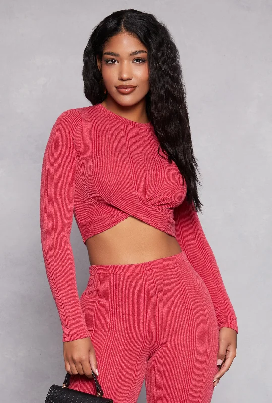 Ribbed Knit Twist Front Long Sleeve Crop Top