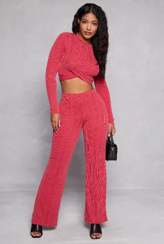 Ribbed Knit Twist Front Long Sleeve Crop Top