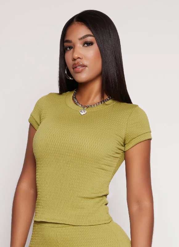 Textured Knit Crew Neck Short Sleeve Top