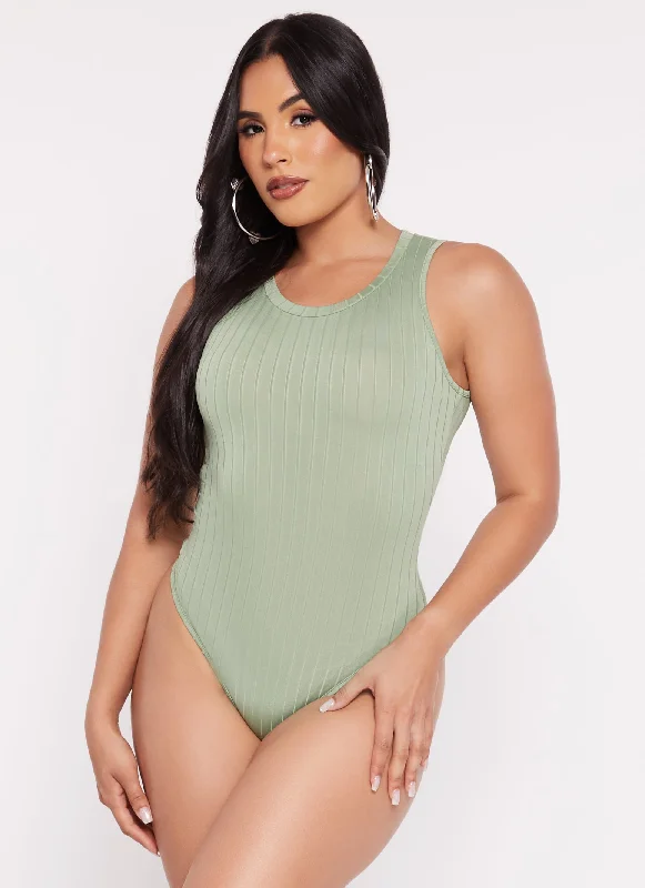 Daisy Ribbed Knit Crew Neck Sleeveless Bodysuit