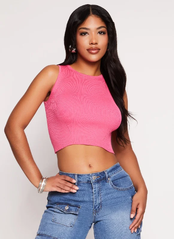 Ribbed Knit Crew Neck Cropped Tank Top