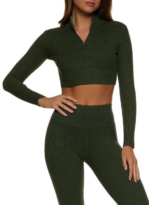 Cropped Rib Knit Zip Neck Sweater