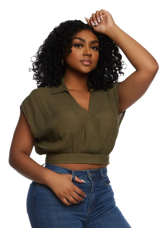 Guaze Knit Cropped Faux Wrap Top