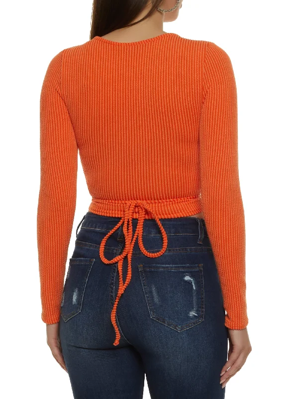 Long Sleeve Ribbed Knit Wrap Crop Top