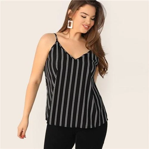 Plus Size V-Back Pinstripe Top - Women Spaghetti Strap - Summer Striped V Neck Casual Camisole Tops (TB3)(F19)