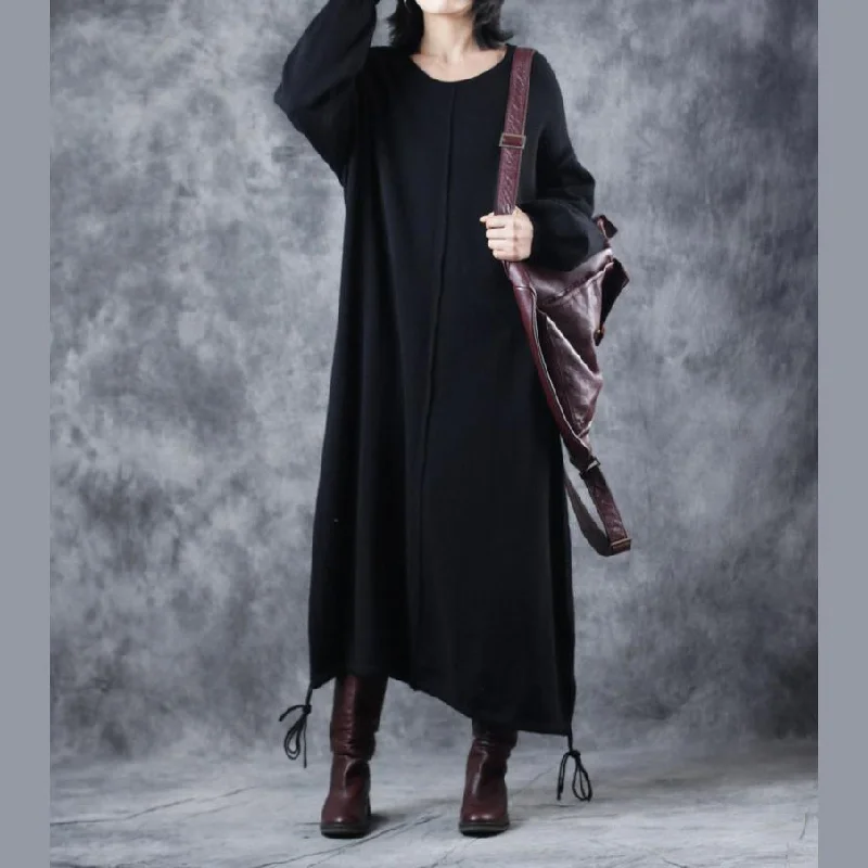 Vintage Black Sweater Dress Plus Size O Neck Drawstring Pullover Lantern Sleeve Winter Dress