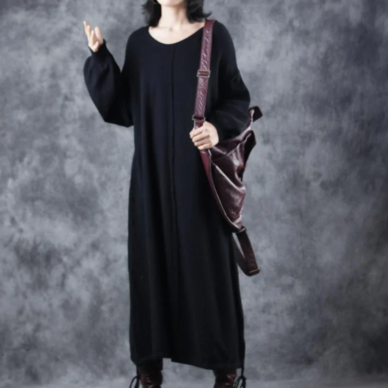 Vintage Black Sweater Dress Plus Size O Neck Drawstring Pullover Lantern Sleeve Winter Dress