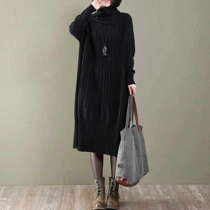 women black long knit dress trendy plus size turtle neck spring dresses casual pullover sweater