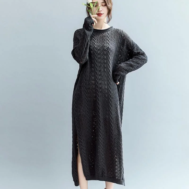 women black  sweater dress plus size side open long knit sweaters top quality o neck pullover sweater