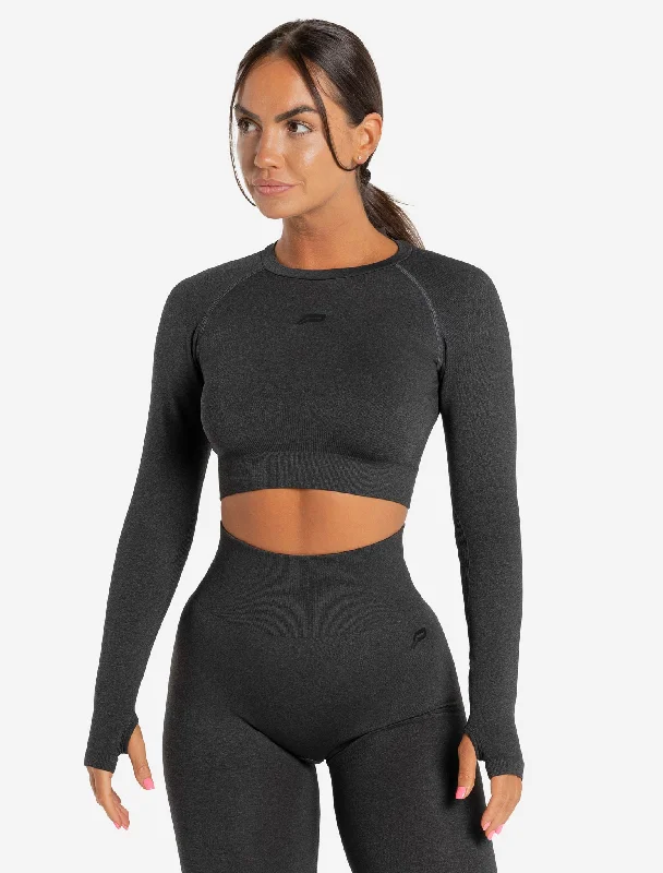 Core Seamless Long Sleeve Crop Top - Black Marl